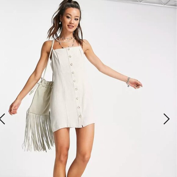 Women's 8 Topshop Linen Mini Slip Dress Button Down Spaghetti Straps Square Neck - Picture 3 of 10